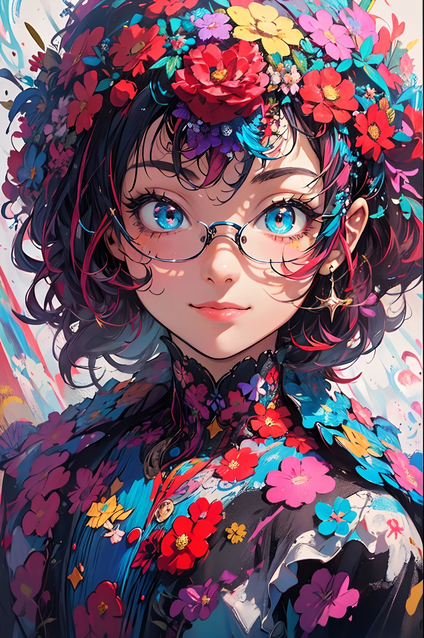 ((flowercrown)),Contemporary art created by tracing traces of colorful ink、​masterpiece、ultra-detailliert、pop-art、innocent smiles、eye glass、(1 girl, Solo:1.6),(Cute smile), (Best Impact:1.5), (maximalism:1.7), Vivid contrast, (Realistic), hyperrealistic illustrations, hight resolution, ultra-detailliert, absurderes,(Fractal Art:1.3)、Random hairstyle、Random hair color colorful、FULL BODYSHOT、Retro、Precise focus、randome pose、cinema4d、Drama