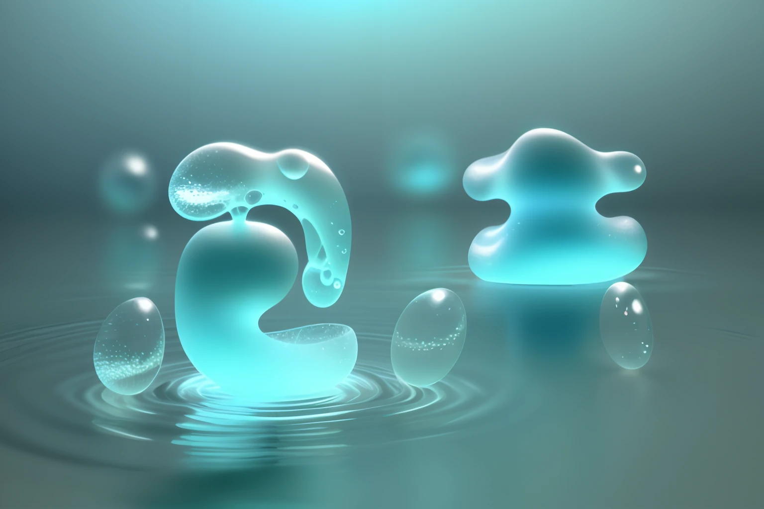 Image showing blisters in water, A style that renders in detail, Soft and dreamy atmosphere, soft focus,Alpha transparency,high key,Light blue background,Simple background,C4D render,。.3D,45 angle light source