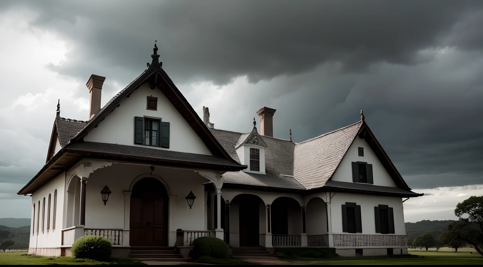 Uma casa de estilo colonial, outrora majestosa, agora apresentava janelas quebradas e trepadeiras que cobriam suas paredes desgastadas. A gloomy aura hung over the structure as heavy clouds gathered in the sky. --auto