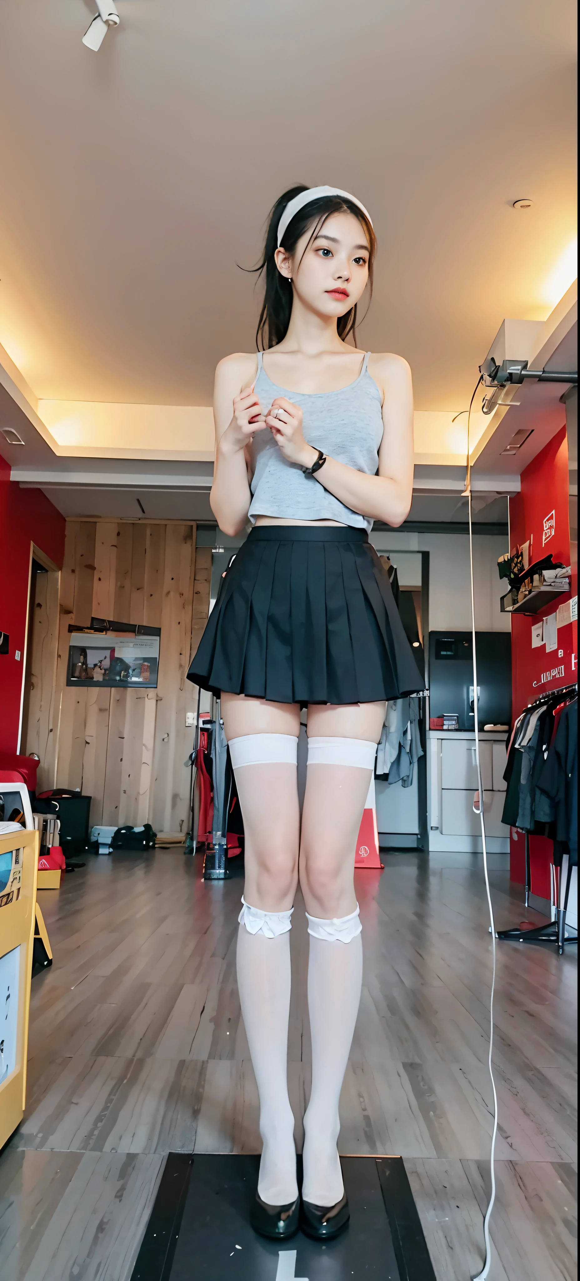Extremely detailed Cg Unity 8K wallpaper, Best quality, Ultra-detailed, Masterpiece, Realistic, photograph realistic, extremely detailed cute girl, 20yr old, (((skirt lift by yourself))), (lifted by self), Panties , panty focus, Blush, parted lip, view the viewer , Semi-body shot , (crowd), (crowded shopping mall) , Parted bangs