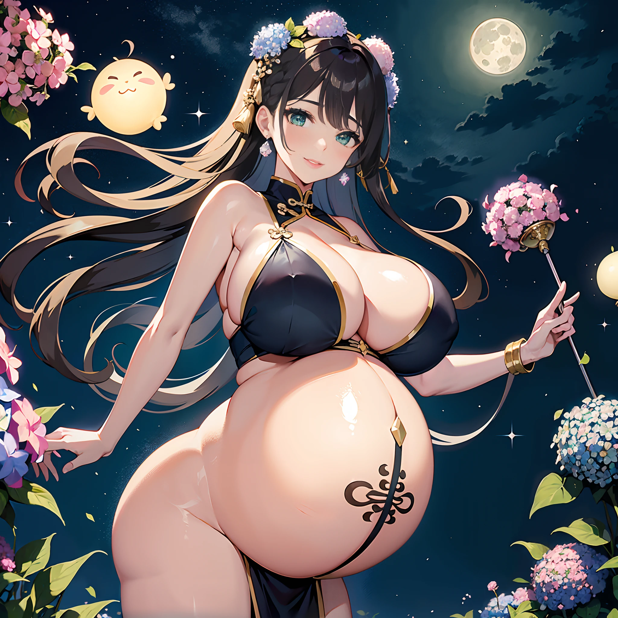 Masterpiece, Best quality, Night, full moon, 1 girl, Mature woman, Chinese style, Ancient China, The beautiful man looked at her pregnant belly and smiled, Big Baby Bump pregnant, Bigboobs, Nippur,Big black balloon big pregnant belly, Big Pregnant girl, Largest Belly of Pregnant, Huge Pregnancy, Huge 60 months gestational belly,Brown hair, Princess cut, Single strips of fried dough twisted braid, Coiled hair, Double ball head, Light pink lips, calm, Intellectual, mid hair, green pupills, Hairpin, hydrangea,
