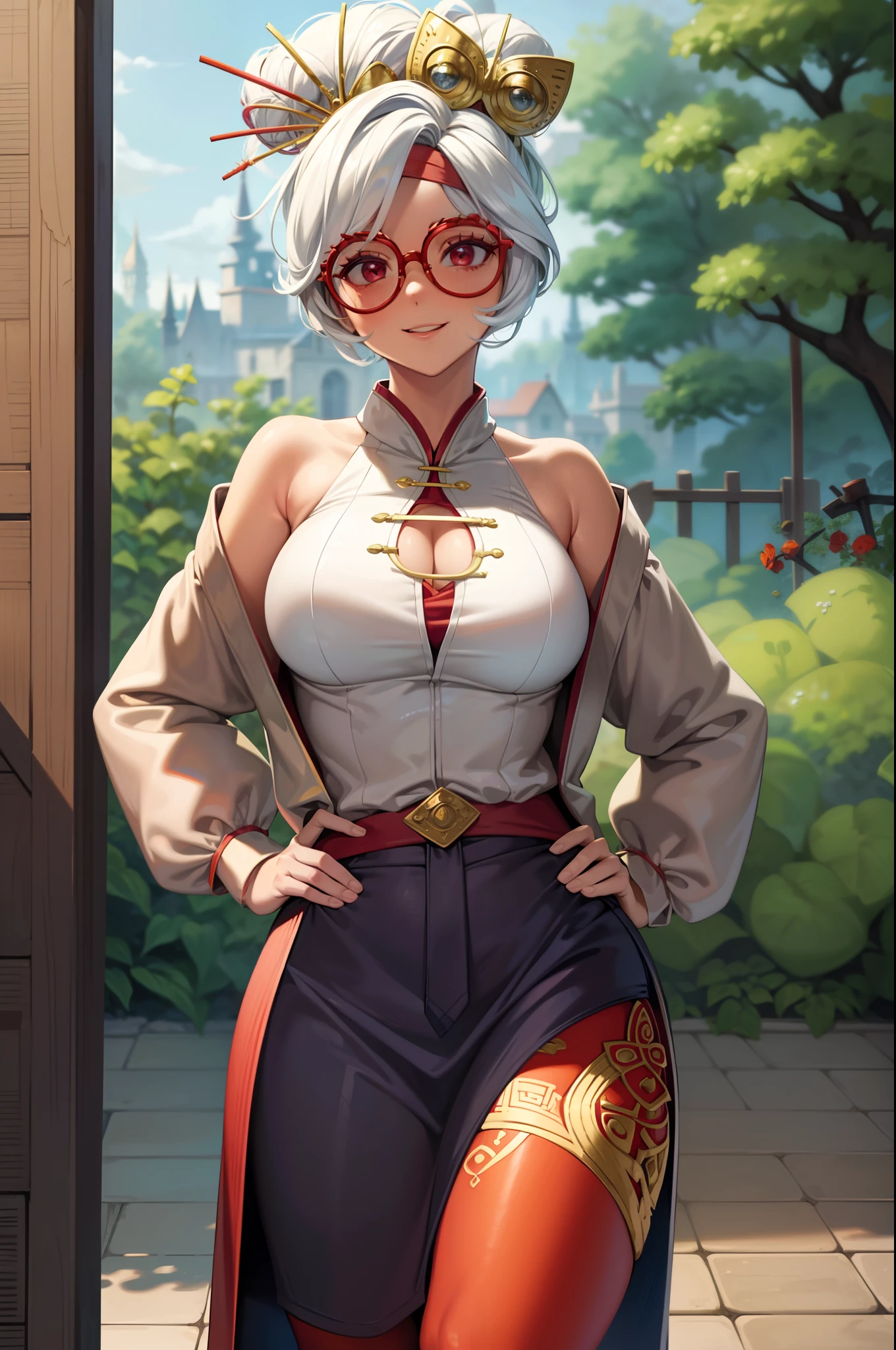 masterpiece, best quality, purah, red glasses, hair ornament, hair stick, red headband, white shirt, bare shoulders, white jacket, black skirt, orange leggings, large breasts, looking at viewer, entrance, garden, leaning forward, upper body, hands to hips, smile