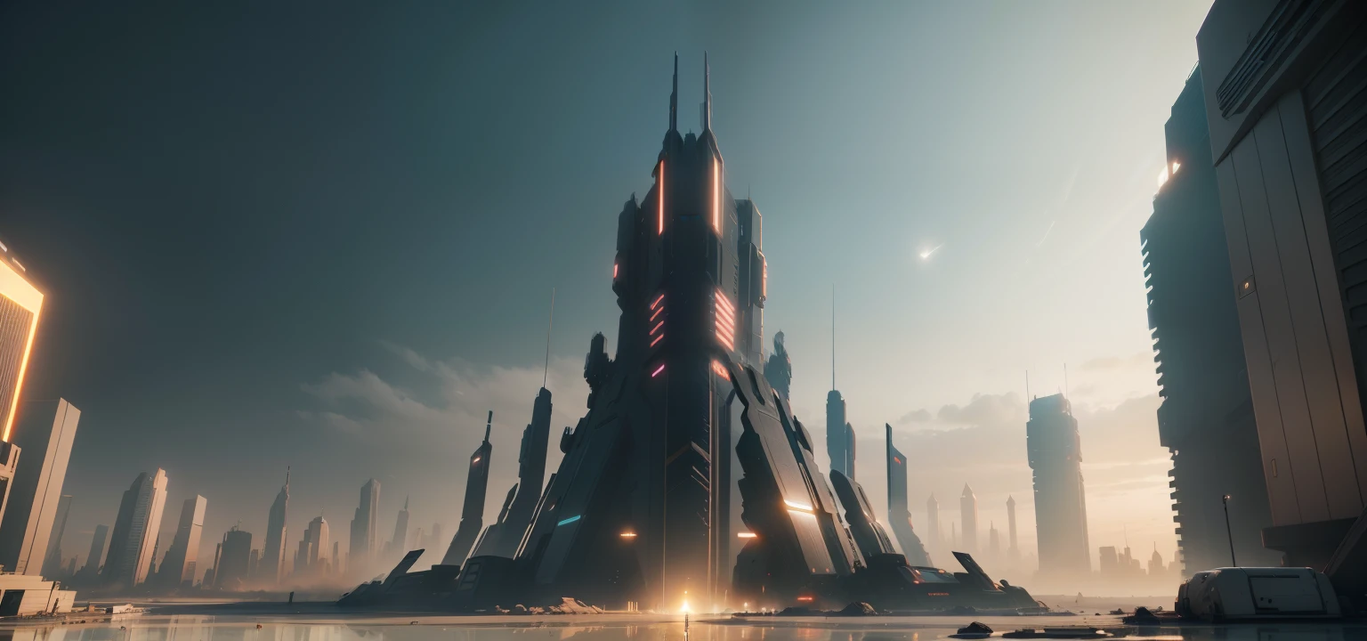 a shot of a highly advanced star shaped tower from ground to upward in the middle of desolate cityscape,dystopian world, cinematic beeple, bipe. octan render, beep rendering, estilo cyberpunk hiper-realista, dystopian scifi apocalypse, 3d render bipe, digital concept art of dystopian, arstation e bipe altamente, beeple global illumination
