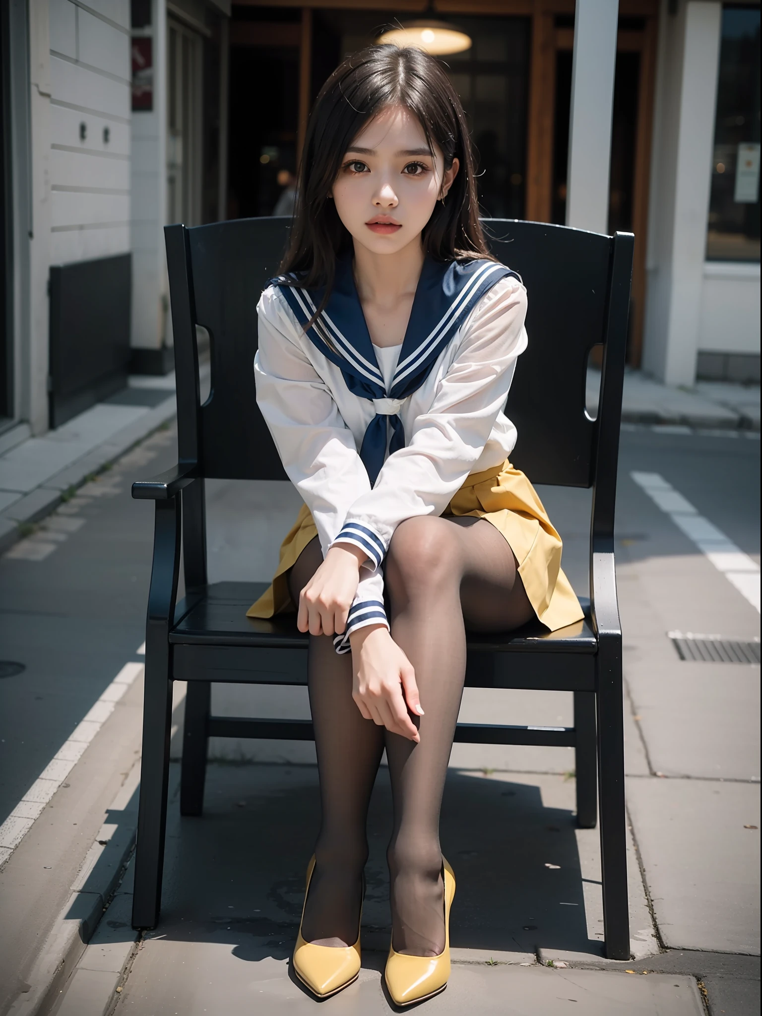 (full body:1.5),((girl):1.4),(view the viewer:1.4),(anatomy correct:1.3),(Sitting on a chair by the street:1.2),(A yellow and white Sailor suit and checkered high waisted pleated skirt :1.2),((tan Pantyhose):1.3),( girl pointed thick heels :1.1),(Foot ring:1.3),(Accurate and perfect face:1.3),hyper HD, Ray traching, reflective light, structurally correct, Award-Awarded, high detail, lighten shade contrast, Face lighting ,cinematic lighting, masterpiece, super detailing, high quality, high detail, best quality, 16k,High contrast,