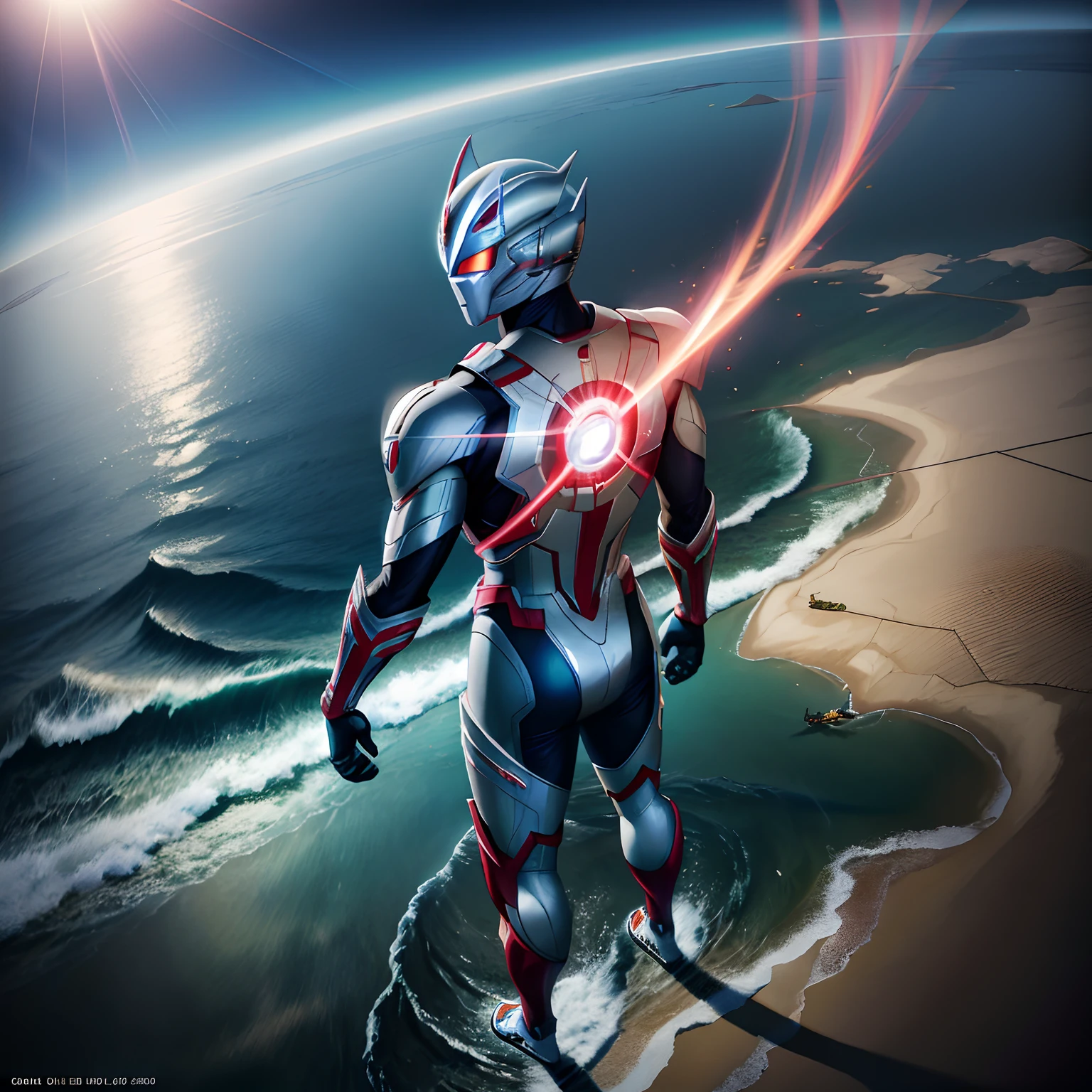 Arafeld man in suit standing on the beach,green seawater,Green beam, Ultraman, amazing wallpapers, key art, an epic anime of a energy man, cgartists, CG art, offcial art, japanese cgi, naoki ikushima, 3840 x 2160, 3840 x 2160
