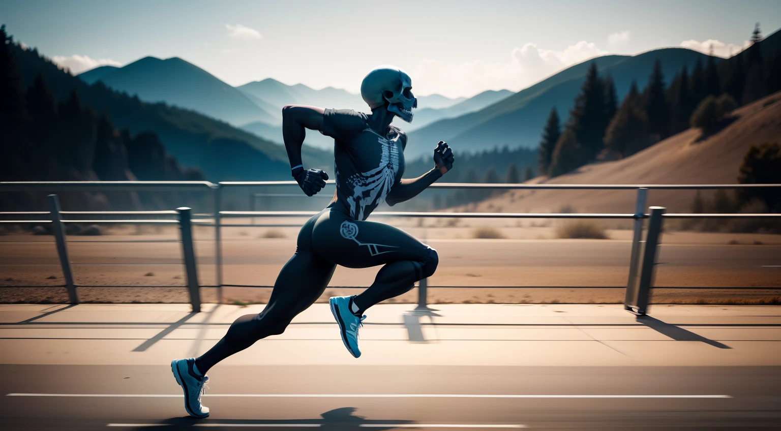 Make a skeleton-shaped athlete running during the day, ultrarrealista |, 8k, FullHD