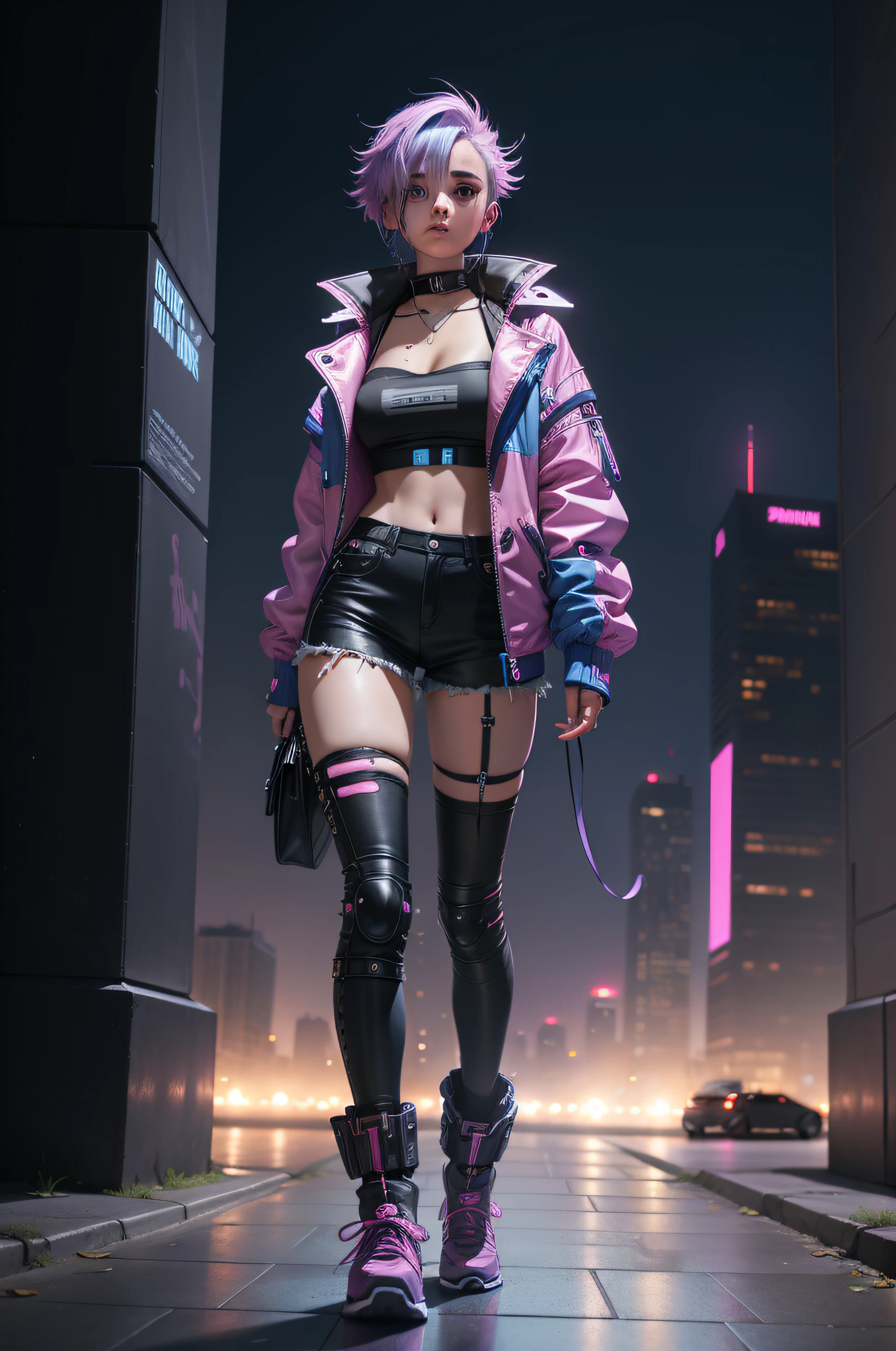 teens girl,cyber punk perssonage,the night,Monument composition,Blue-pink gradient hair,Machinary,shorter pants,Bandeau,Worn-out stockings,Booties,face repair