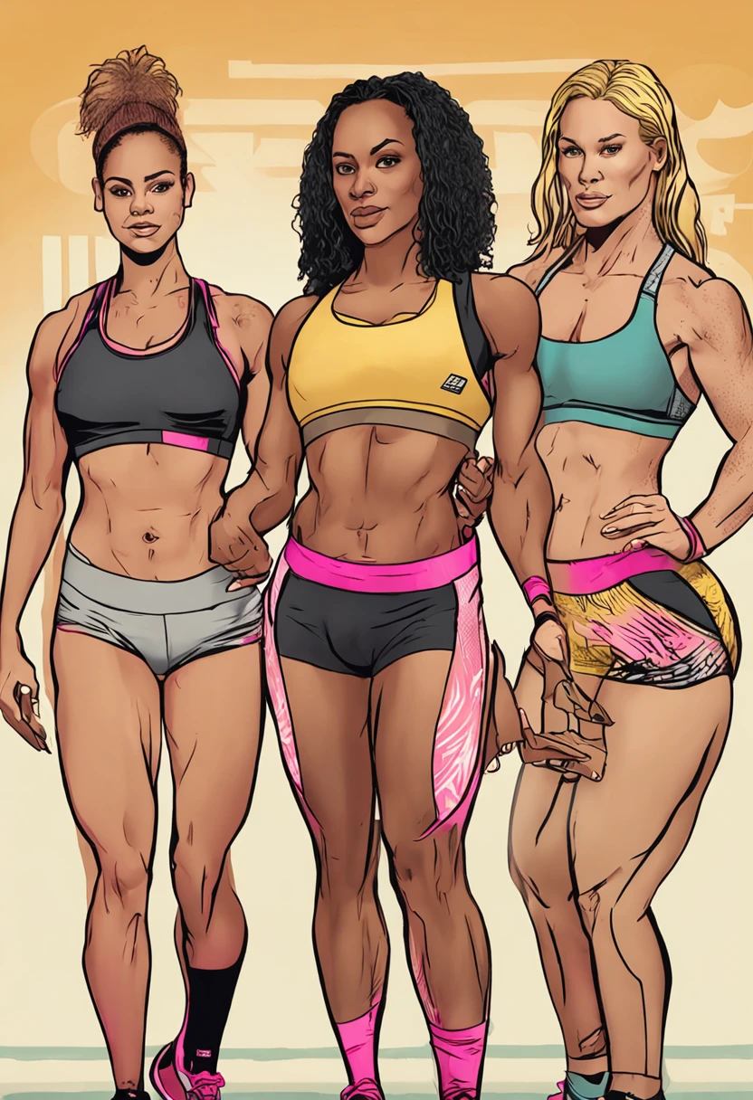 three women american yellow hair 40 year old in sports wear standing next to each other, sports clothing, wearing fitness gear, model is wearing techtical vest, sport clothing, focus on full - body, sports bra, sport bra and shirt, physical : tinyest midriff ever, two piece workout clothes, training bra, sport bra, 2 techwear women, toned down, model posing