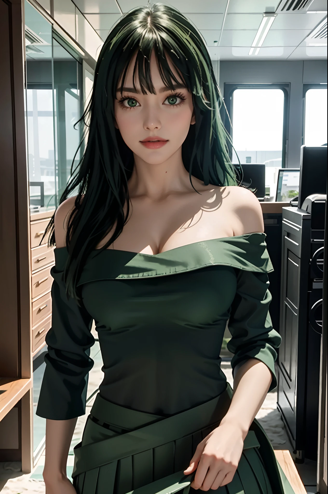 "one-girl，masterpiece level work，Best Picture Quality，Facing the camera，cleavage，ssmile，green skirt，Raised sexy，look straight at the camera，long whitr hair，perfect bodies，beachside，Green hair，Off-the-shoulder attire，（Large breasts)，big breasts thin waist