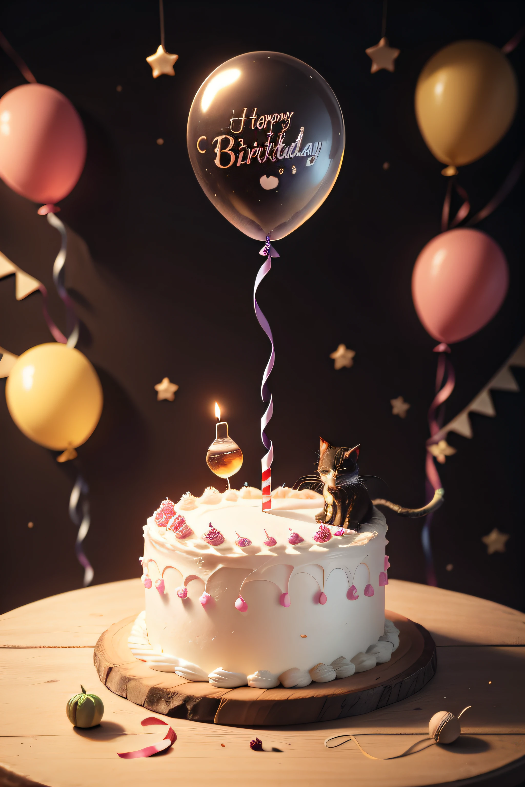 Birthday cake with cute kitten top,the space background,Wooden table,Two strings of sugar gourds,coloredballoons,Minimalist ink punk