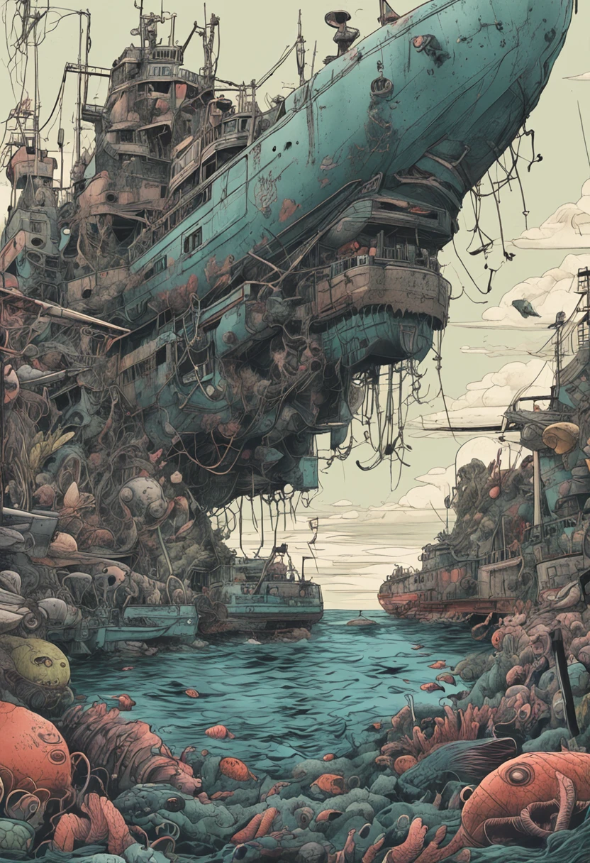 epic realistic, ((((hdr)))), ((((pastel colour)))), Eschatological, Abandoned, ocean floor，abyssal，Nuclear contamination，jpn，sunken ships，disuse，Mutant fish，Mutated seaweed，Radioactive material，heavy metal，depth of fields，high detal