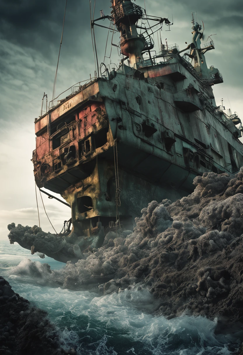 epic realistic, ((((hdr)))), ((((pastel colour)))), Eschatological, Abandoned, ocean floor，abyssal，Nuclear contamination，jpn，sunken ships，disuse，Mutant fish，Mutated seaweed，Radioactive material，heavy metal，depth of fields，high detal