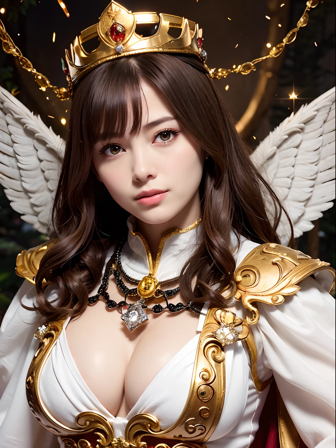(masutepiece), Professional , masterpiece、top-quality、photos realistic , depth of fields 、(Wind element),tornado,Lightning,(Gemstone Silver Metal Body:1.9),(Matte White、(Gangle's forest background),(Brown hair long straight)、Jewel Gold Weapon、(Castle background),Gorgeous metal weapons,(Detailed and realistic angel white wings) , Detailed Sword of the Brave , Beautiful knife 、delicated face、20 years girl ,warhammer 40k , adepta sororitas,Detail and ornate jewel crown、Dark hair、(Gangle's forest background)、Beautiful Japan person々The beauty of、1a person、dynamic ungle,(((Detailed and ornate diamond crown)))、Smaller head、A smile、Pose Seductive、Beautiful thin fingers of a woman、cleavage of the breast、Beautiful ass、Toostock、an legs、Armpit、