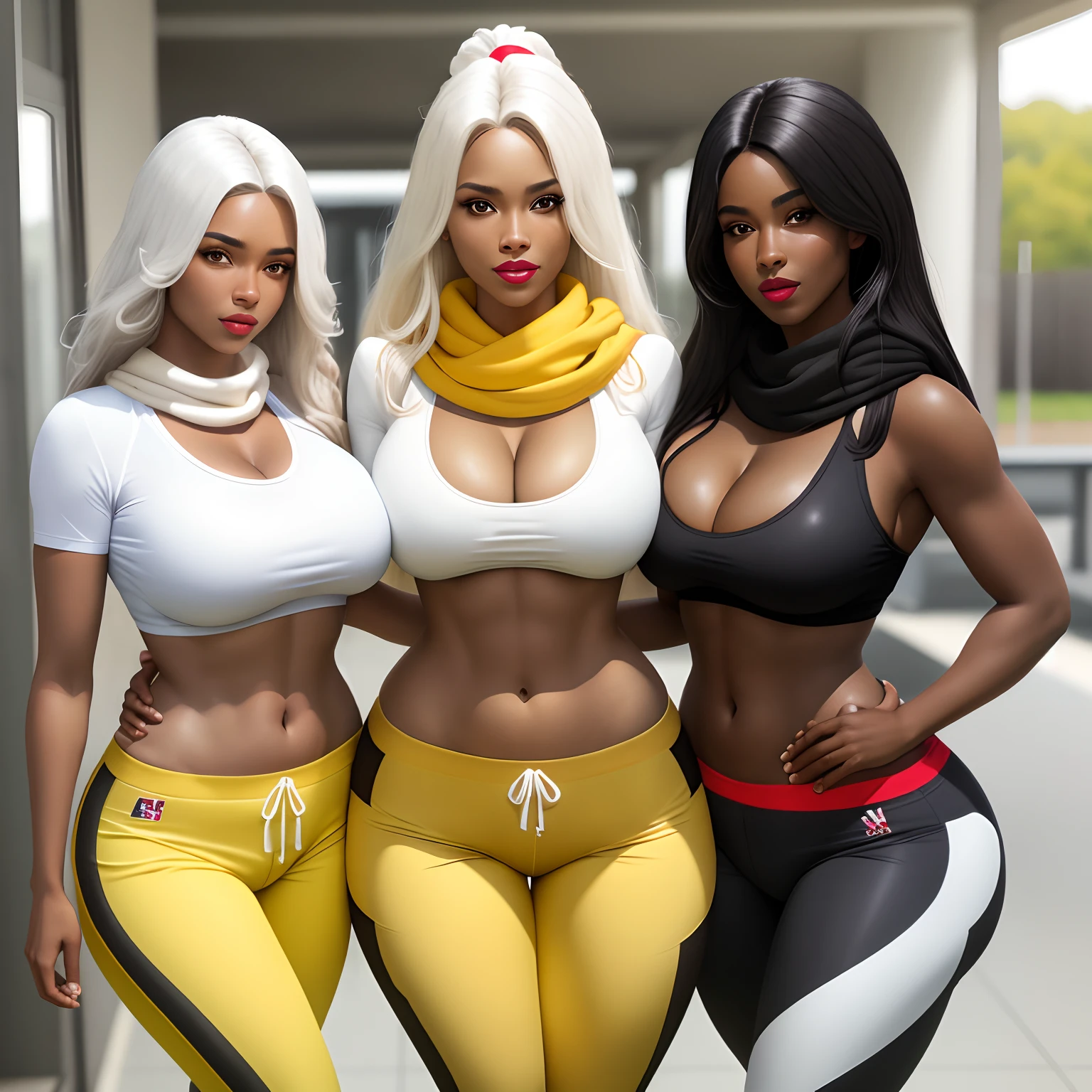 cabelos preto e longos,white shirt,Yellow scarf,Flower pants,Red shoes,big breasts thin waist,Skinny buttocks,Semi-exposed breasts,Nasolabial folds,largeeyes,Red lip and white teeth,A woman who is,At the training ground