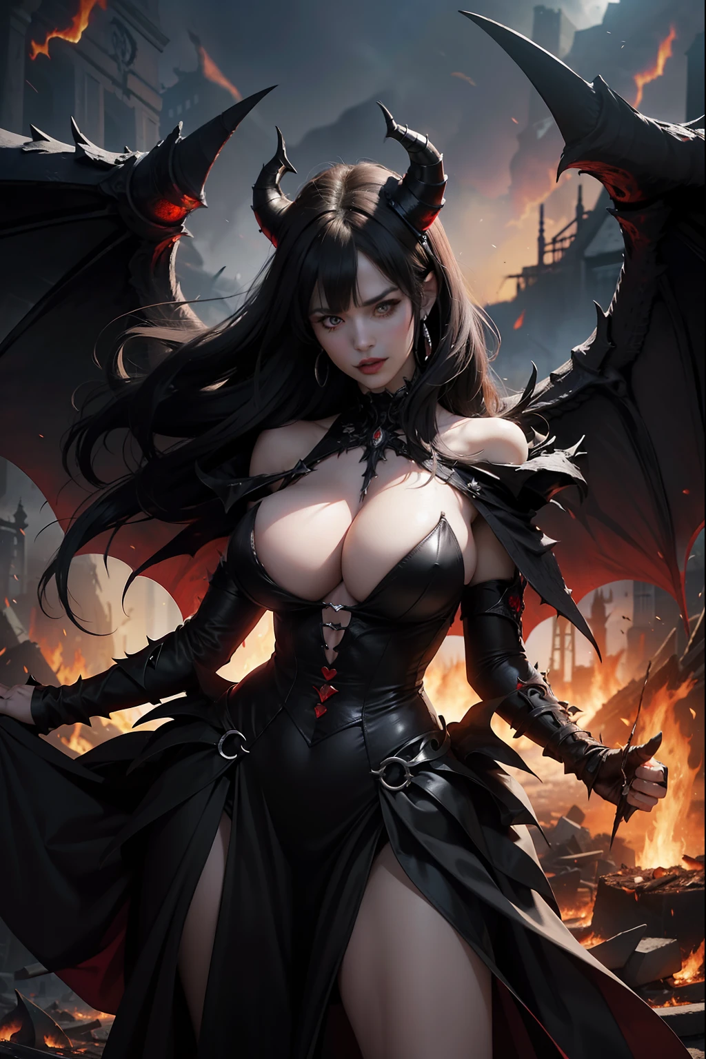 Ultra-detailed Lisa Ann stands atop a pile of burning ruins, Her diabolical and insidious presence radiating from her dark crown and black and red evil queen dress........ Her demon wings on her back and demon horn give her an invincible aura as she unleashes a powerful wave of destruction with a single gesture..............