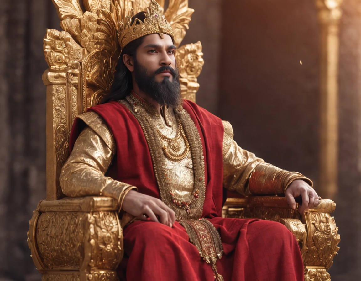 (Professional 3D rendering:1.3) of (Realistic:1.3) The most beautiful art in the world,Young King of Hastinapura,The beard looks formidable.,Ancient Indian Gold Armor,Red cloth, Sit in a stylish position on a golden throne.., Black Hair, Glittering crown, Bright amber eyes.., The wealth around him... Surrounded by lotus flowers, Golden Waterfall . The background is an Indian throne hall.., Further emphasize the brightness and luxury of the scene..., Good location.., Towering environment)), Full body 8K unity display, Action Shooter, skin pores, The light is very dark.., Heavy shading, Detailed, detailed face, (vibrant, photo-realistic, Realistic, breathtaking, dark, crisp focus, 10),CGSesociety,art station
