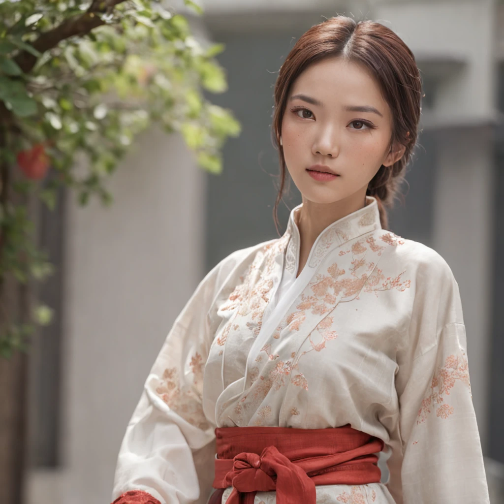 Wear Chinese clothing，(Best quality:1.4), (超高分辨率:1.2), (Photorealistic:1.4), (8K, RAW photo:1.2), (Brown eyes), Girl walking down the street, ,(White top:1.2), (Nice shoes),(Natural light),(rim-light)