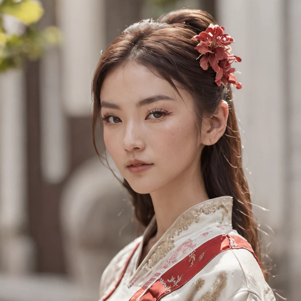 Wear Chinese clothing，(Best quality:1.4), (超高分辨率:1.2), (Photorealistic:1.4), (8K, RAW photo:1.2), (Brown eyes), Girl walking down the street, ,(White top:1.2), (Nice shoes),(Natural light),(rim-light)