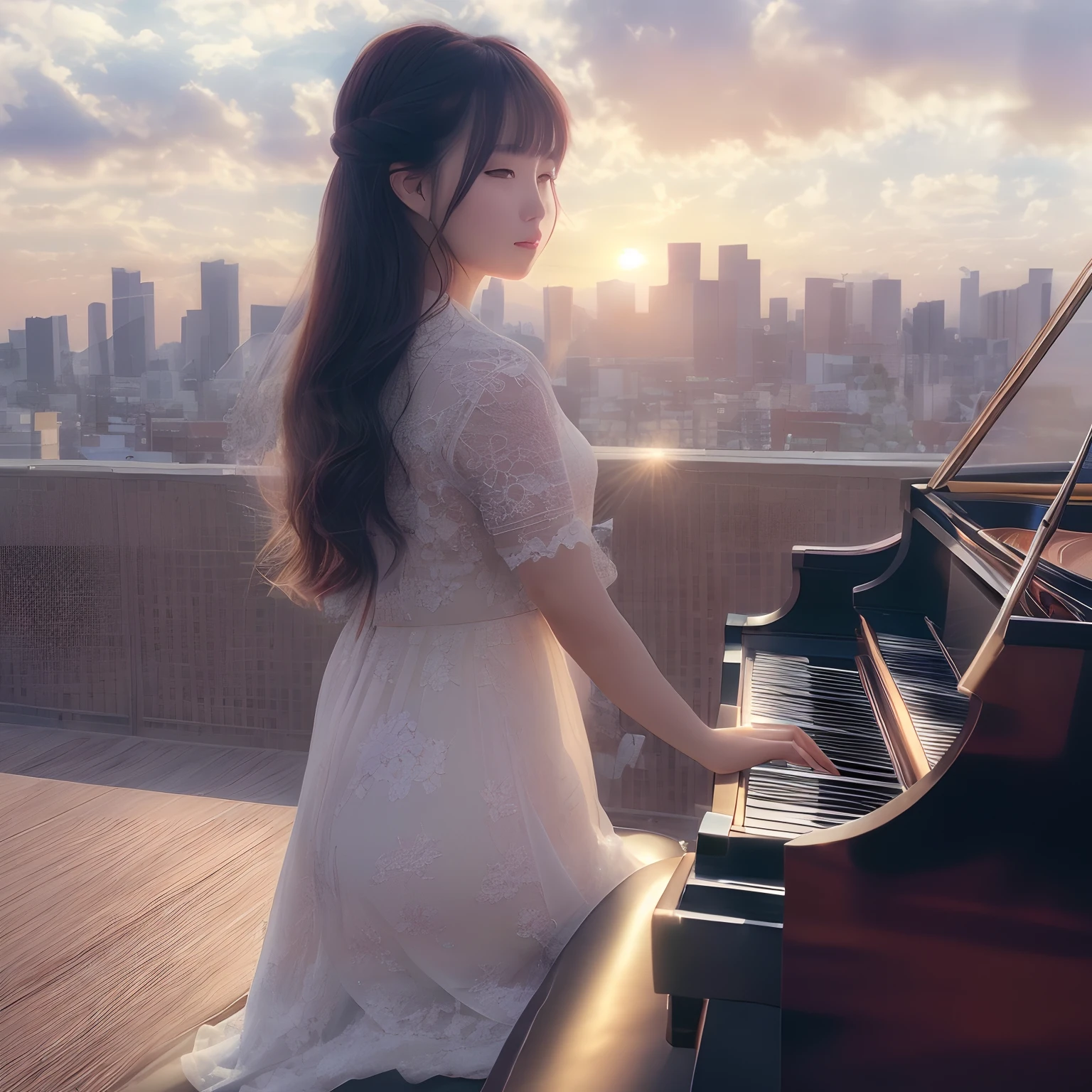 Highly photorealistic images, 18-year-old solo playing grand piano、She is showing the back of her head.、I can't see her face、Magnificent sky in the background、Slim young woman, a 20 yo woman、She overlooks the city、Watch a beautiful sunset in the clouds of his determination. Photorealistic、The image is in 8K, Raw quality. Natural light and rim lights. This image aims for the best quality, Sunset light in the clouds, Tokyo

Photorealistic image of 18-year-old Japan girl playing grand piano on rooftop in Tokyo. She watches a wonderful sunset over the cityscape and high-resolution clouds. The image is in 8K, Raw quality, With natural light and rim light. The images aim for the highest quality and realism, Capture the beauty of sunset light in the clouds, (incredibly absurdness,Huge_filesize:1.37),(​masterpiece:1.37),(top-quality:1.37),(realisitic,Photorealsitic:1.2),Ray traching,Realistic lighting,(illuminations,Glow),((film grains:1.37)),(Exquisite details and textures:1.2),(8K resolution:1.2),(ultra -detail:1.2),(Sharp Focus 1.2),(Raw photography:1.0),(ulzzang -6500-v1.1:1.2)(top-quality:1.4)、(超A high resolution:1.2)、(Photorealsitic:1.4)、(8K、Raw photography:1.2)、(medium shot:1.4)、(natural soft light)、(Rim Lights)、Top image quality、Long black hair swaying in the wind illuminated by the sunset light、Hair shining in the sunshine