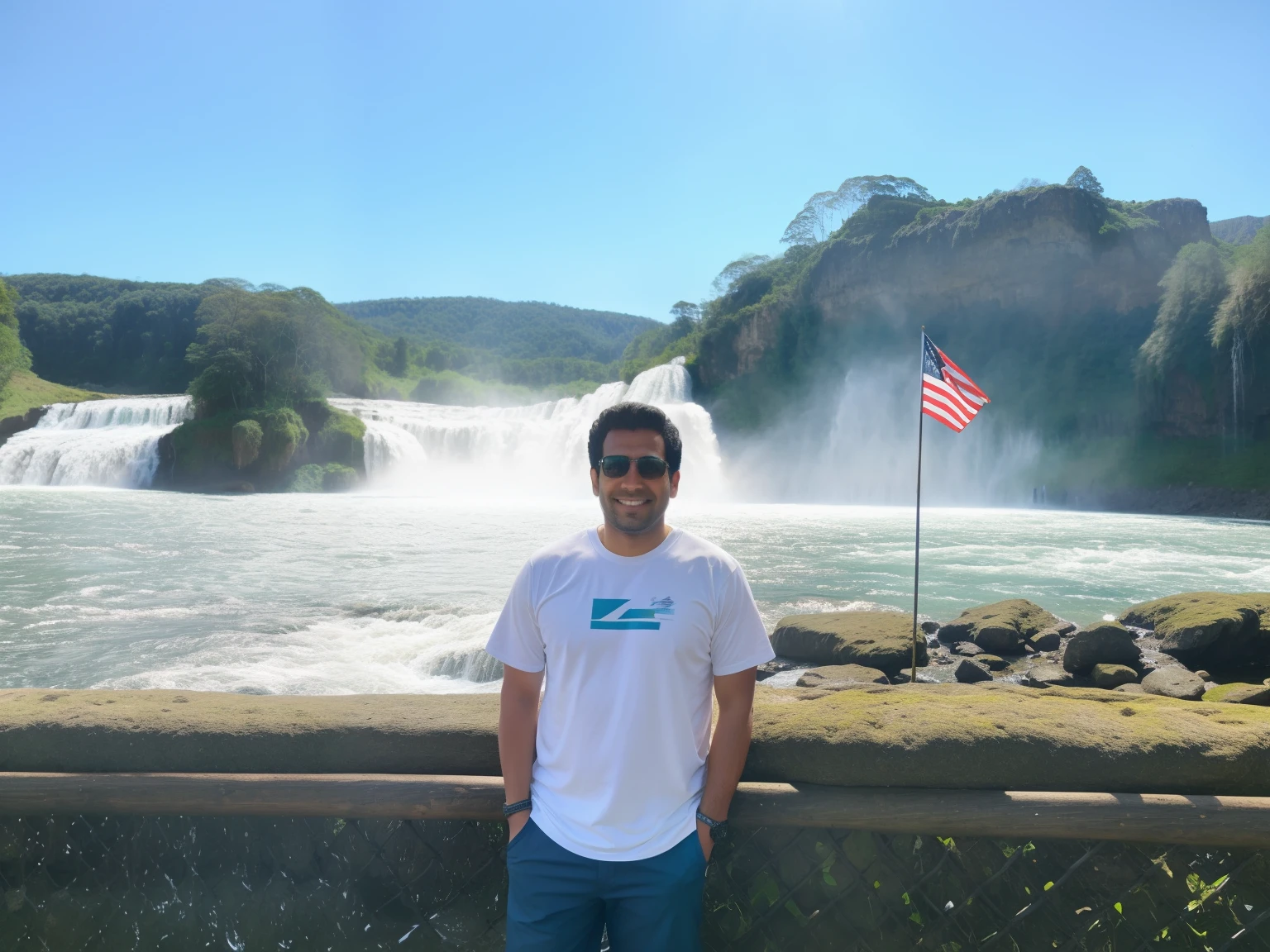 arafed man standing in front of a fence with a flag in front of a waterfall, waterfalls in the background, waterfall in the background, standing in front of a waterfall, standing near a waterfall, next to a waterfall, standing next to water, paradise in the background, river in front of him, standing in front of a mountain, waterfall in background