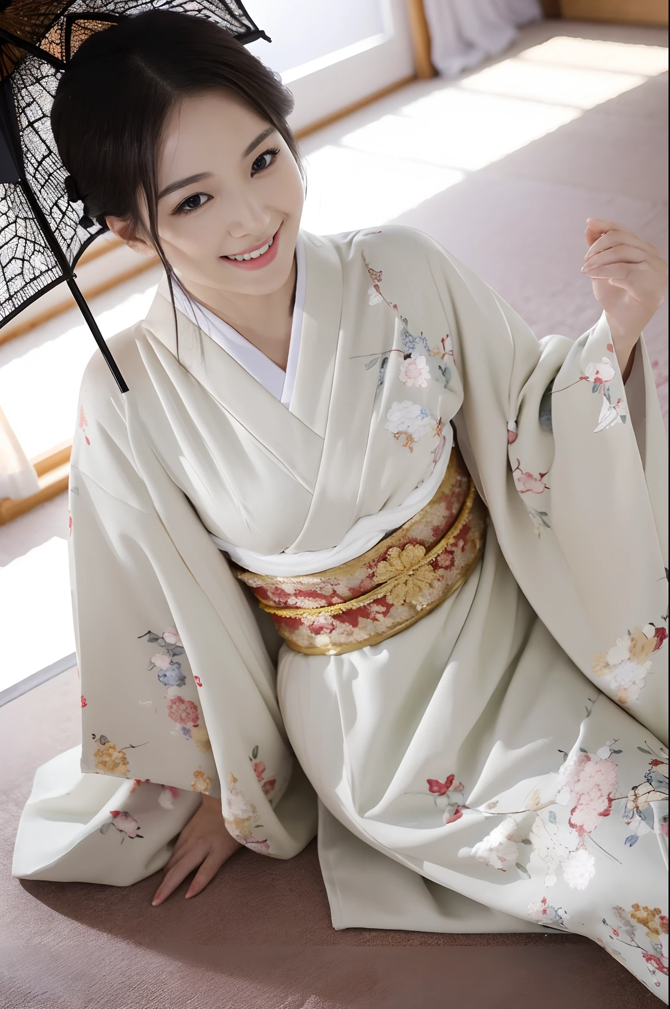 Upper class wife sitting on floor in kimono, elegant japanese woman, with a seductive smile, (38 years), goddess of Japan, (Short Layer Hair)、Lovely woman, elegant smiling pose,  Beautiful Japan woman sitting, Raw photo, (in 8K、top-quality、​masterpiece:1.2)、(intricate detailes:1.4)、octane renderings、Complex 3D rendering ultra detail, vibrant detail, super detailing, realistic skin textures, Detail Face, Beautiful detail eyes, make - up, (detailedbackground:1.2),　shinny skin、A smile、Exposed thighs!!!,