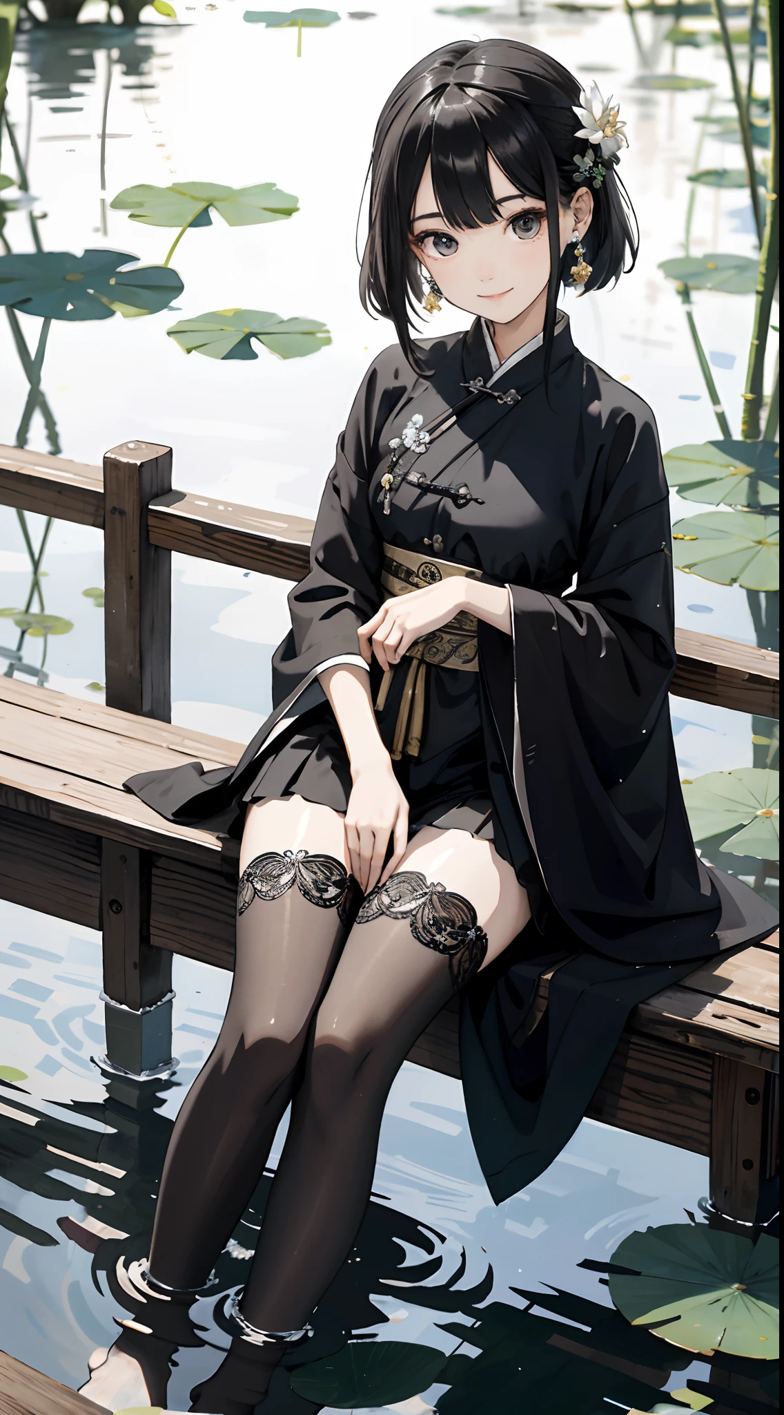 hoang lap，8K high resolution，ultra - detailed，（1girll：1.3），handpainted，Simple lines，16-year-old girl wearing black Chinese clothing，beuaty girl，In the lotus pond，tmasterpiece，Sit on a plank floating in the water，Floating hair，black pantyhoses，black pantyhoses，looking toward the viewer，ssmile，posed for photo，