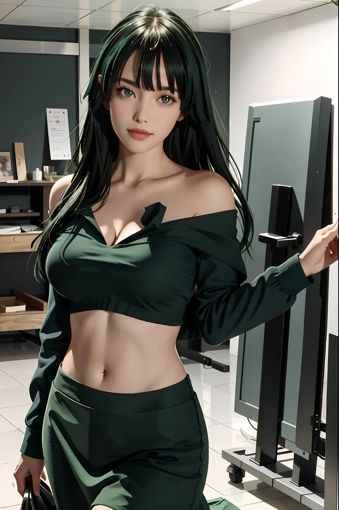 "one-girl，masterpiece level work，Best Picture Quality，Facing the camera，cleavage，ssmile，green skirt，Raised sexy，look straight at the camera，long whitr hair，perfect bodies，beachside，Green hair，Off-the-shoulder attire，（Large breasts)，big breasts thin waist