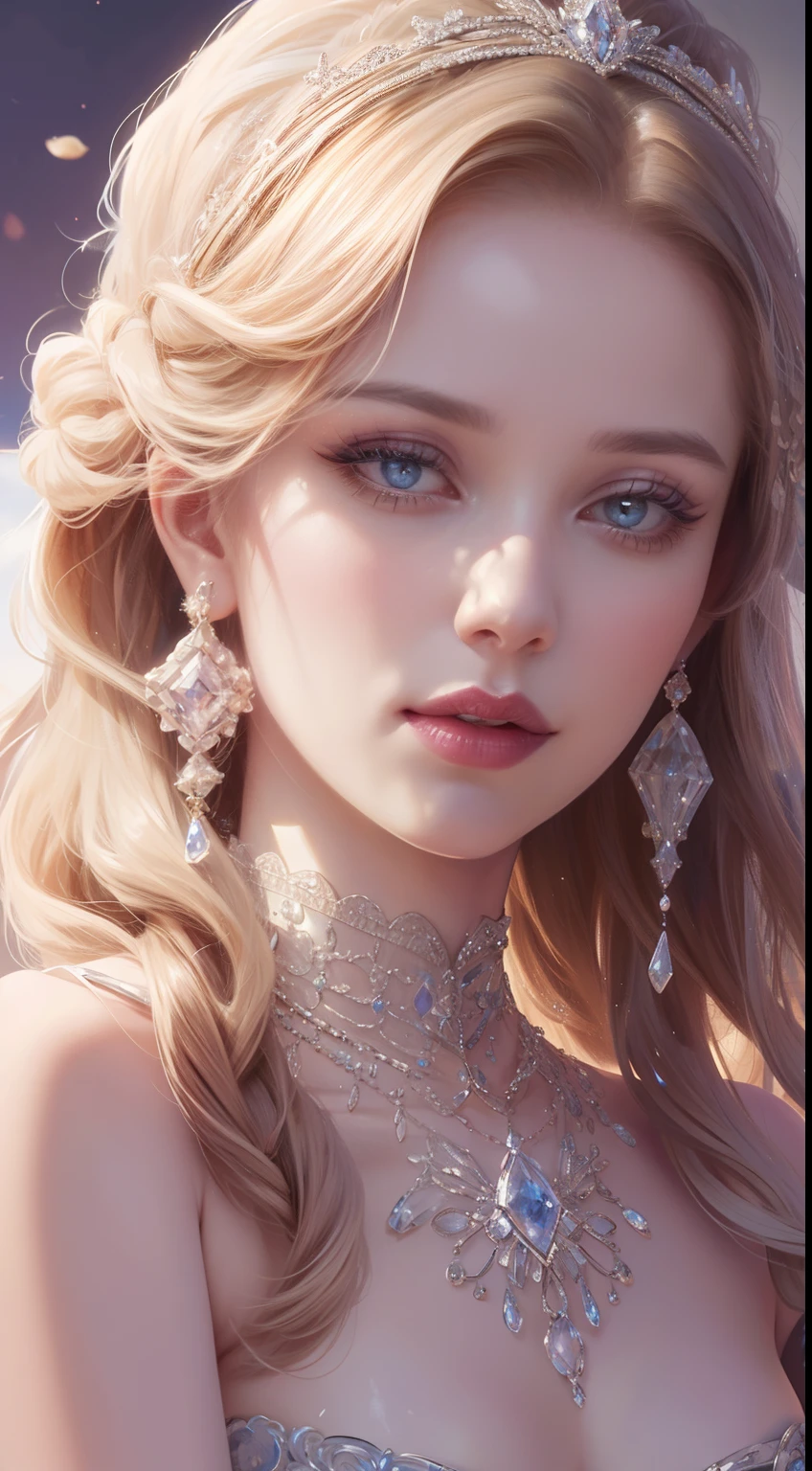 tmasterpiece，Highest high resolution，Dynamic bust of beautiful royal lady，Delicate blonde braided hair，Purple clear eyes，The hair is covered with beautiful and delicate floral craftsmanship, Crystal jewelry filigree，Ultra-detailed details，upscaled。