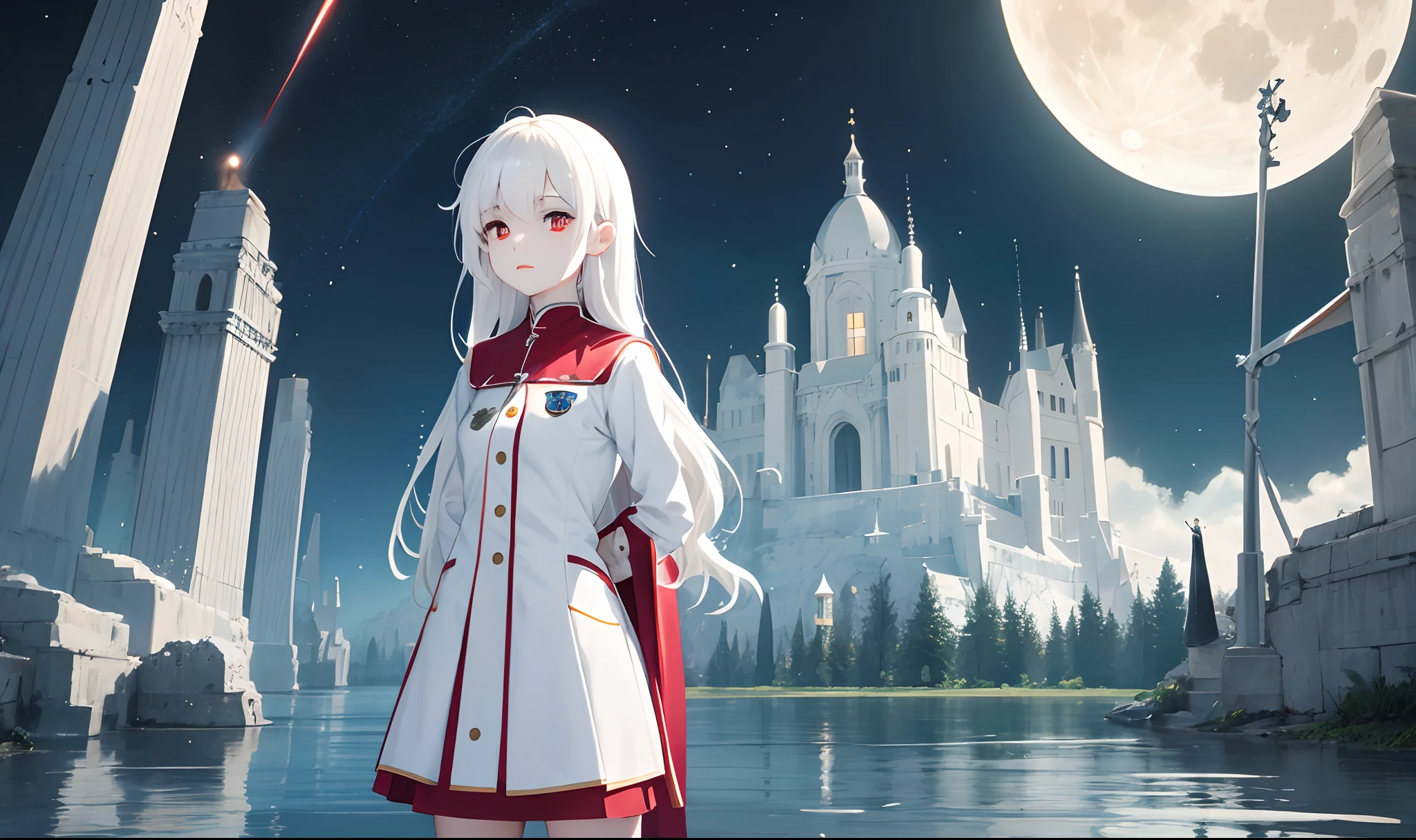 long white hair,White priest uniform,quadratic element,Red eyes without hair ornaments,Hands behind your back,Facing the lens,apathy,Standing on the red boundless lake,19-year-old girl,There is a moon in the sky,Half of the moon is made up of flesh and blood