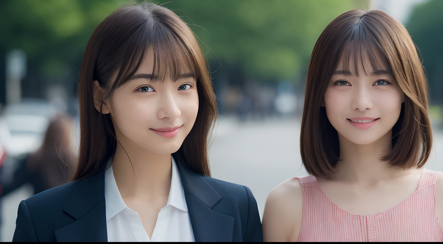 ((top-quality、8K、masterpiece:1.3))、(1girl in)、A smile、full body Esbian,Slim Faces、Pretty women、(dark brown hair)、Full-length dresses:1.1、hyperdetailed face、A detailed eye、二重まぶた、blured background、Slim Faces、城市、takeout、a street、japanes