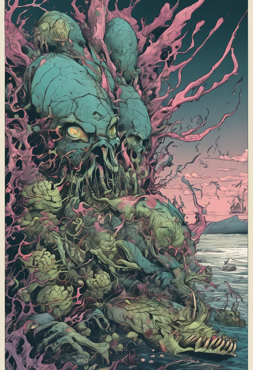 epic realistic, ((((hdr)))), ((((Low saturation color)))), Eschatological, Abandoned, ocean floor,abyssal,Nuclear contamination,jpn,manticore,disuse,Mutant fish,Mutated seaweed,Radioactive material,heavy metal,depth of fields,high detal