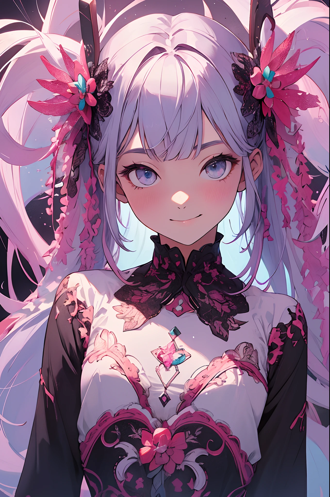 ((Dark Fantasy)),((disaster々Right)),innocent smiles、eye glass、(1 girl in), (Solo:1.6),(Cute smile),(Best Impact:1.5), (maximalism:1.7), Vivid contrast, (Realistic), hyperrealistic illustrations, hight resolution, ultra-detailliert, absurderes,(Fractal Art:1.3)、Random hairstyle、Random hair color colorful、FULL BODYSHOT、Precise focus、randome pose、cinema4d、Drama