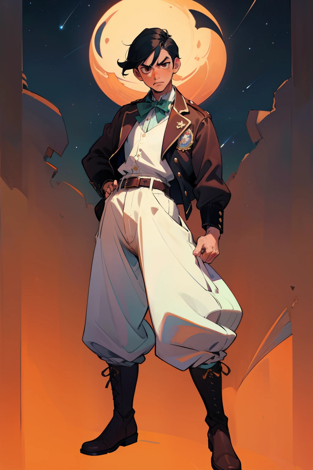((1 man, male, young)), Mexican, black hair, brown eyes, determined gaze, intimidating gaze, full body, brown skin, full body, athletic, Includes embroidered jacket, detailed white shirt, bowtie, pants fitted at the waist and legs, decorated leather boots, and an ornate belt. Each piece has a specific purpose and together they create an elegant outfit that reflects Charro history and tradition. girdle on the abdomen and hips, knuckles on the hands, defiant pose, comets and stars in the background, mexico, night sky, highly detailed