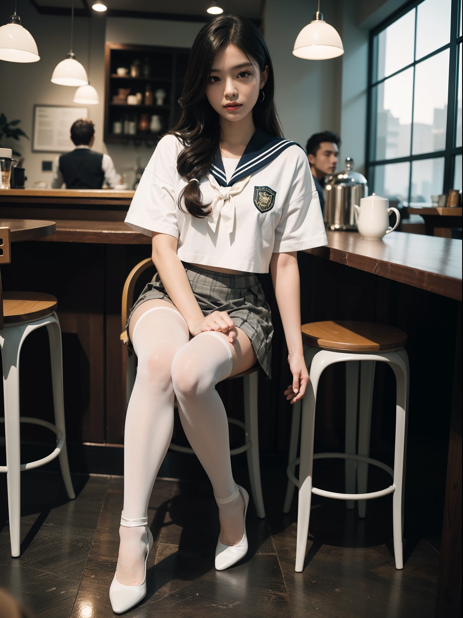 (full body:1.5)，((girl):1.4),(view the viewer:1.4)，(anatomy correct:1.3),(Sitting in a coffee shop drinking coffee:1.2),(A Brown and tan Sailor suit and checkered high waisted pleated skirt :1.2),((white Pantyhose):1.3),( girl pointed thick heels :1.1)，(Foot ring:1.3),(Accurate and perfect face:1.3),hyper HD, Ray traching, reflective light， structurally correct, Award-Awarded, high detail, lighten shade contrast, Face lighting ，cinematic lighting, masterpiece, super detailing, high quality, high detail, best quality, 16k，High contrast,