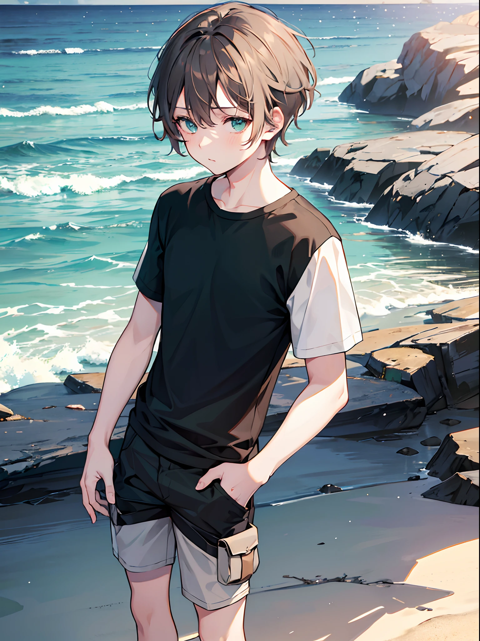 One boy, brown hair, the ends of the hair are slightly white, dark green eyes, cool, black shirt, short cargo pants, beach, shy, high res, ultra sharp, 8k, masterpiece, looking at viewers