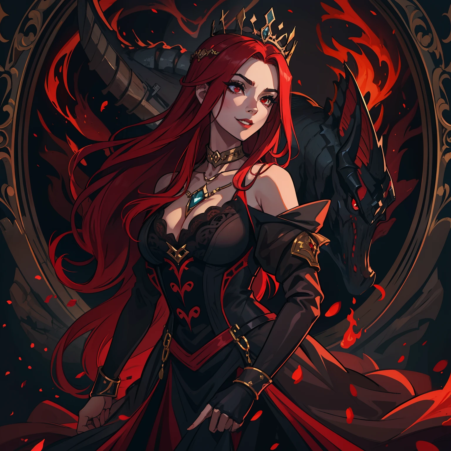 A beautiful woman with long red hair and red eyes like a queen in a dark castle of dark black rocks, she is wearing dark and elegant queen clothes, like an attractive villain with a seductive smile and a sexy seductive look, is the villain of an RPG is wearing medieval costumes to a dark ball. Use shades of red and black The image has to portray the essence of a villain. with dragon clothes the essence of fire she is inspired by volcanoes her dark essence through a medieval RPG art Conceptual Game Art rpg medieval art art illustration rpg she is young with an attractive and beautiful body a villain with an impressive beauty like that of a seductive vampire a villain smile with a gentle look he is inside a castle in the middle of a medieval ball of the royalty a royal ball a medieval party