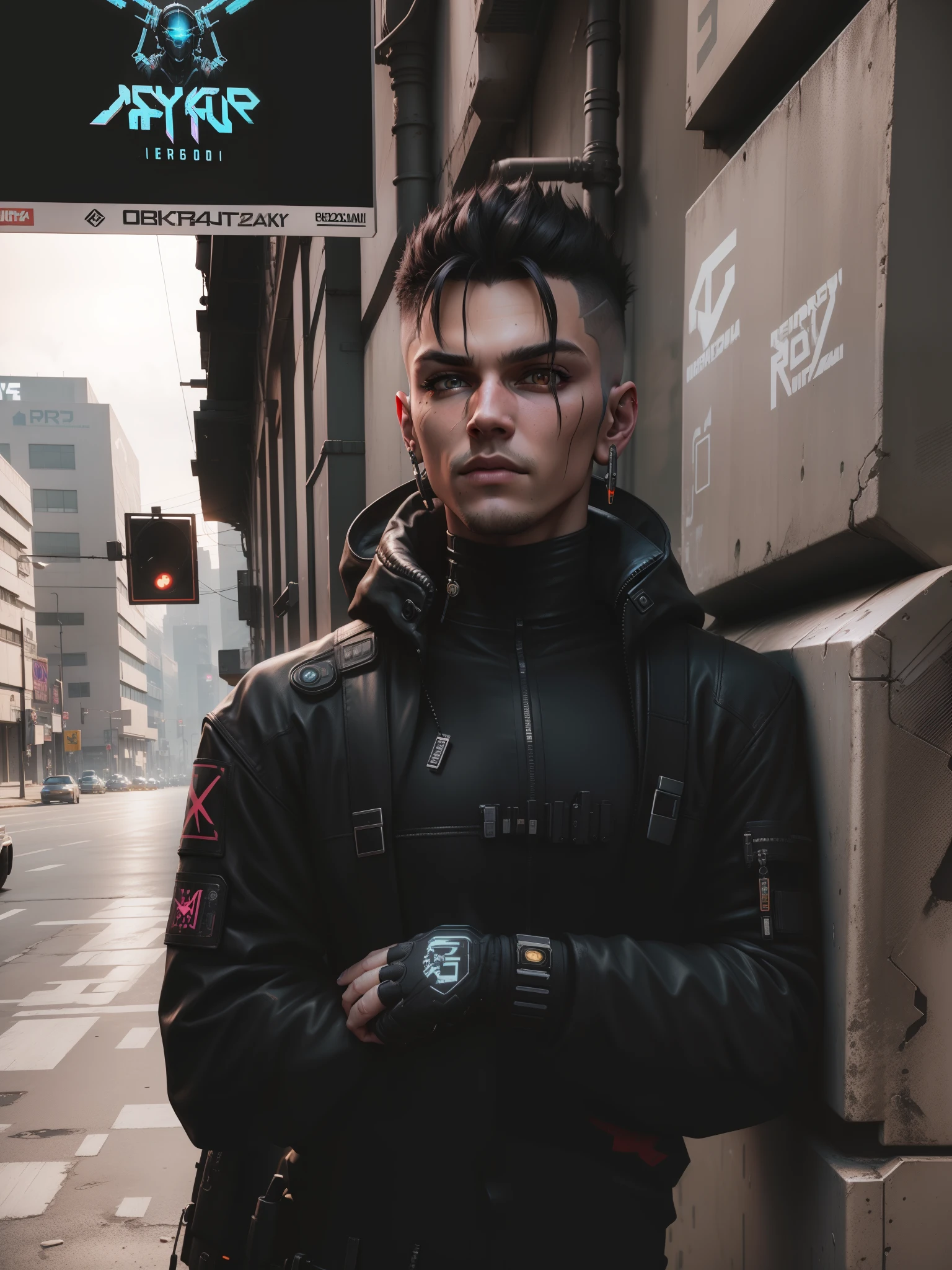 Change background to cyberpunk 2077, handsome boy, ultra realistic, 8k, realistic face