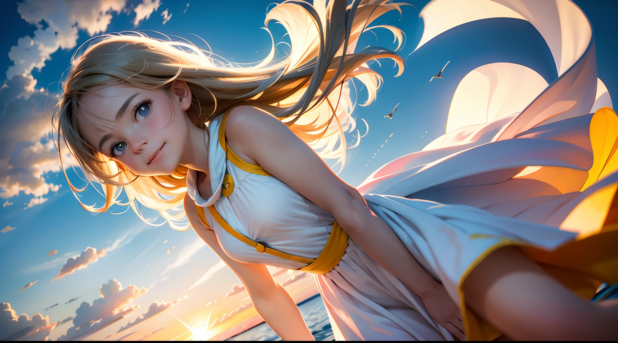 A beautiful blonde angel, standing tall and proud, wearing a revealing sling swimsuit, blond flowing hair, holding her dress, sharp photo