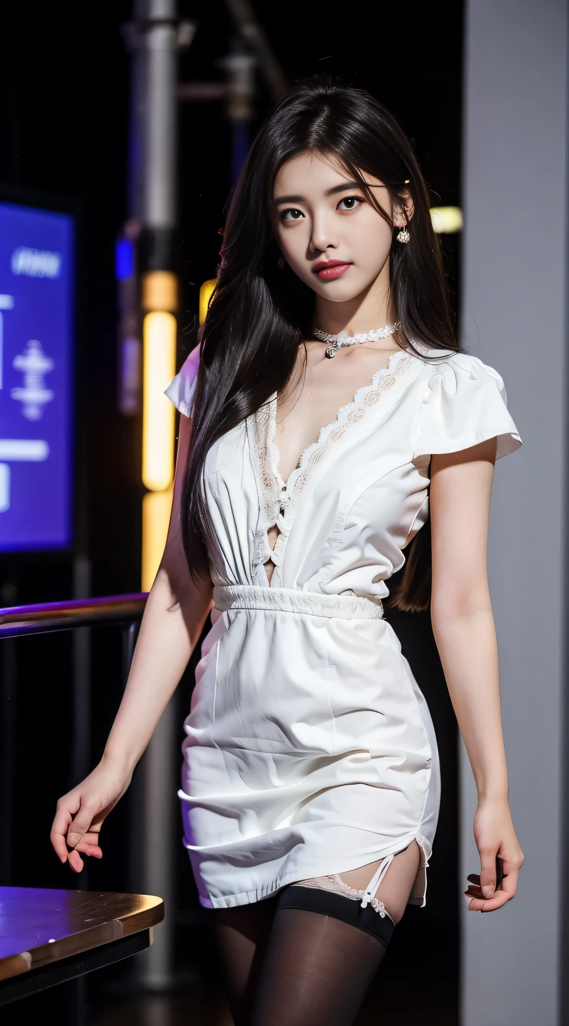 8K,tmasterpiece,RAW photos,best qualtiy,the detail:1.2),hentail realism,Very detailed CG unified 8k,8K,Diamonds and wallpapers,depth of fields,Motion picture film light,Lens flash,Light Tracking,(very pretty look face,beautifullips,beautidful eyes),intricate detail face,((Hyper detailed skin))1girll,Korean female model,Dark night in the dark,deepshadow,Pretty Korean girl,Kpop idol,(Very slim and slender muscular body:1.3),(View the audience),(Tight miniskirt),(Red dress),(Injection sleeve),(City Night,(neon lights sign),(the night),Beautiful Korean girl earrings,bangle,choker necklace,Lace-up pantyhose,Clear eyes,Walk,(paleskin),Face forward,(largeeyes),((upperbody shots)),tightly dress,Silk dress,Lace-up dress,see through dresses,Turning around,back shots,Very slim,slander,slander