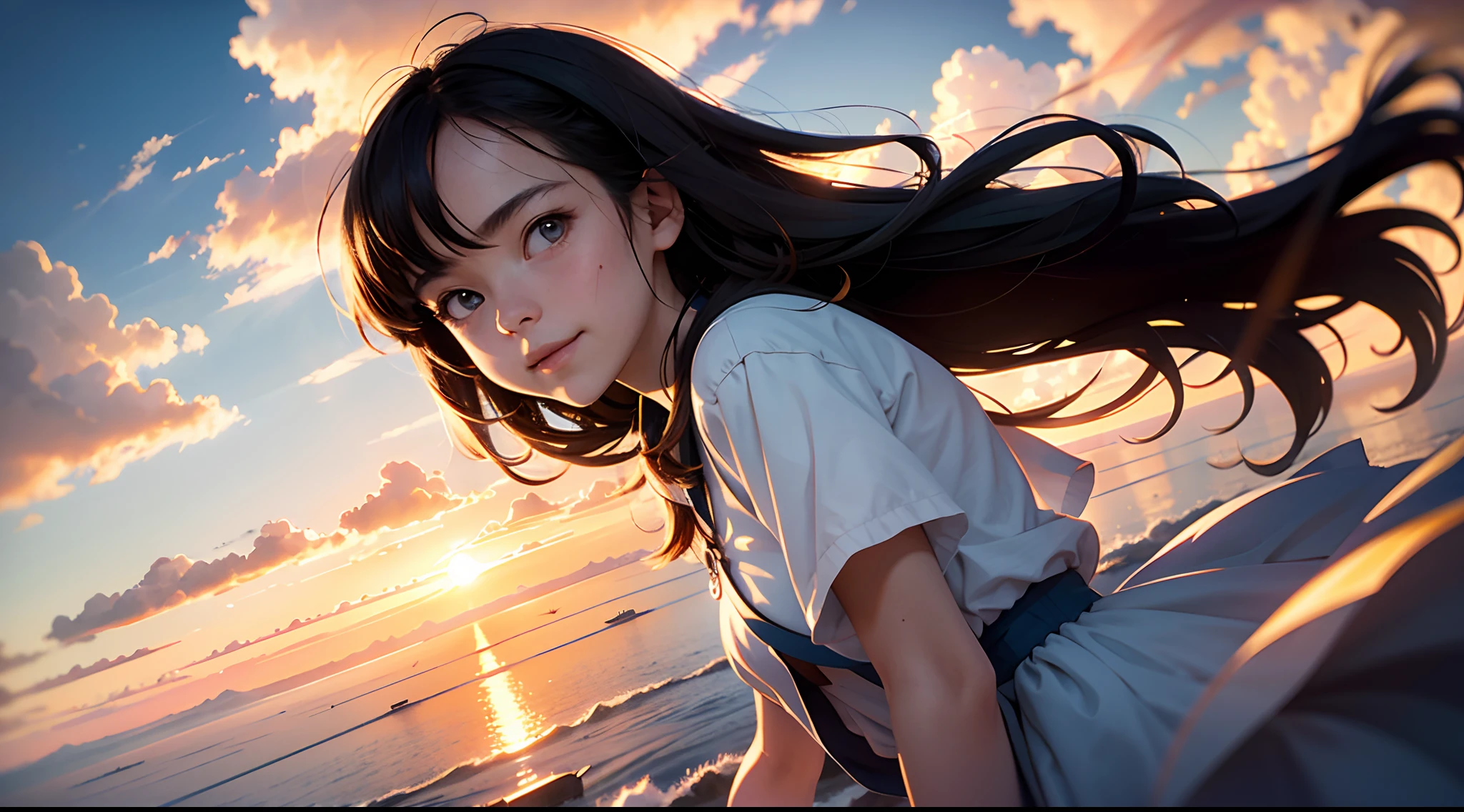 masterpiece, best quality, movie still, 1girl, cloud girl, floating in the sky, close-up, bright, happy, warm soft lighting, sunset, (sparks:0.7)
