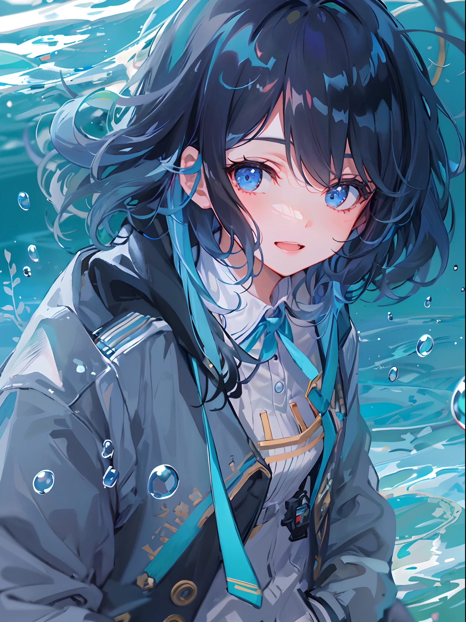 ((top-quality)), ((​masterpiece)), ((ultra-detailliert)), (extremely delicate and beautiful), girl with, 独奏, cold attitude,((Black jacket)),She is very(relax)with  the(Settled down)Looks,A dark-haired, depth of fields,evil smile,Bubble, under the water, Air bubble,bright light blue eyes,Inner color with black hair and light blue tips,Cold background,Bob Hair - Linear Art, shortpants、knee high socks、White uniform like school uniform、Light blue ribbon ties、Clothes are sheer、Hands in pockets