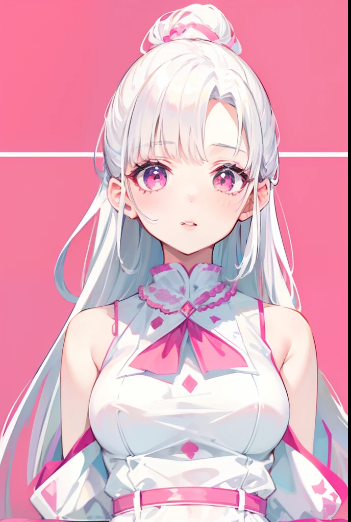 White hair. Long hair. Inner pink hair. Anime girl. Pink eyes. Glowing eyes. Nekomimi. Smile. Tanktop. Armpit. Wet nipple. Forest.