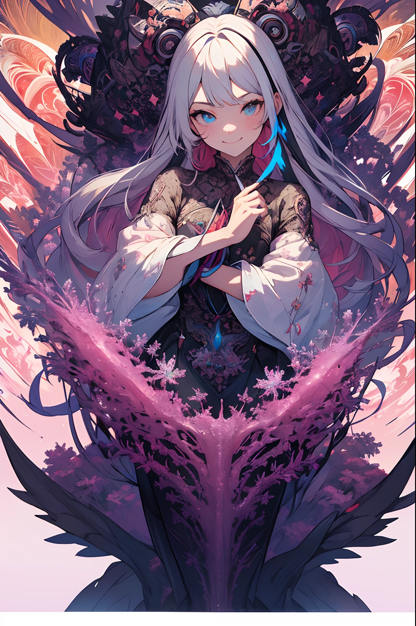((Dark Fantasy)),((disaster々Right)),innocent smiles、eye glass、(1 girl in), (Solo:1.6),(Cute smile),(Best Impact:1.5), (maximalism:1.7), Vivid contrast, (Realistic), hyperrealistic illustrations, hight resolution, ultra-detailliert, absurderes,(Fractal Art:1.3)、Random hairstyle、Random hair color colorful、FULL BODYSHOT、Precise focus、randome pose、cinema4d、Drama