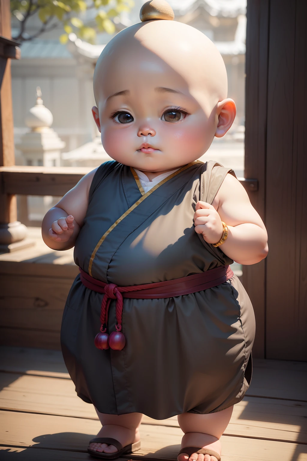 A chubby little monk stands in a Buddhist temple in a gray monk costume of about 3 , The head without hair is round and shiny,monk clothes, The small face is white and tender,The meat was lovely,On his wrist hangs a large string of Bodhi bracelets,Small bells hang on their feet