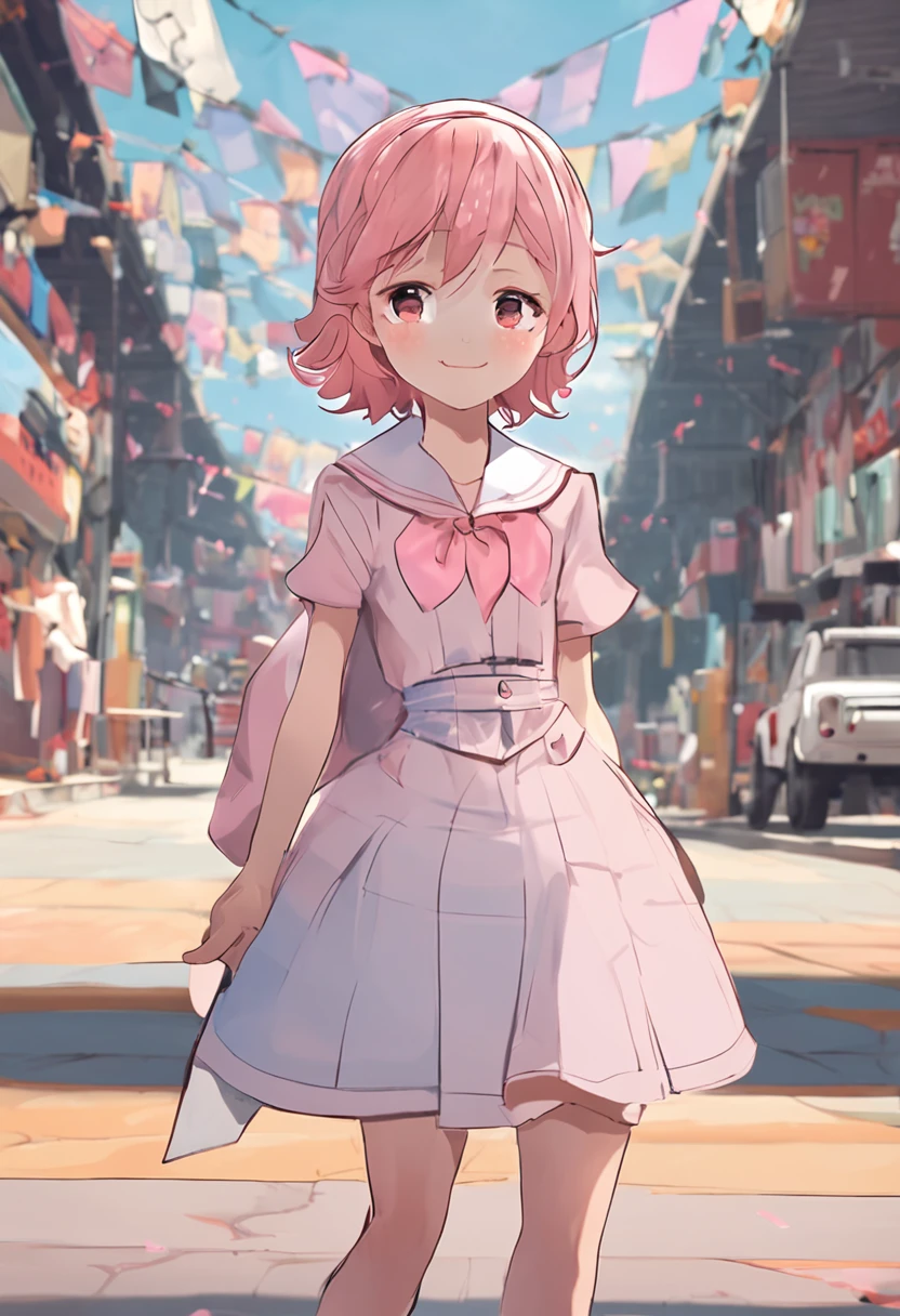 Whole body diagram，Light pink，Very smooth hair，Wearing a blue sailor suit，is smiling softly，A blush on his face，Soft eyes，It looks flat-chested，It looks light，Very cute，Gentle temperament，It's a cute girl