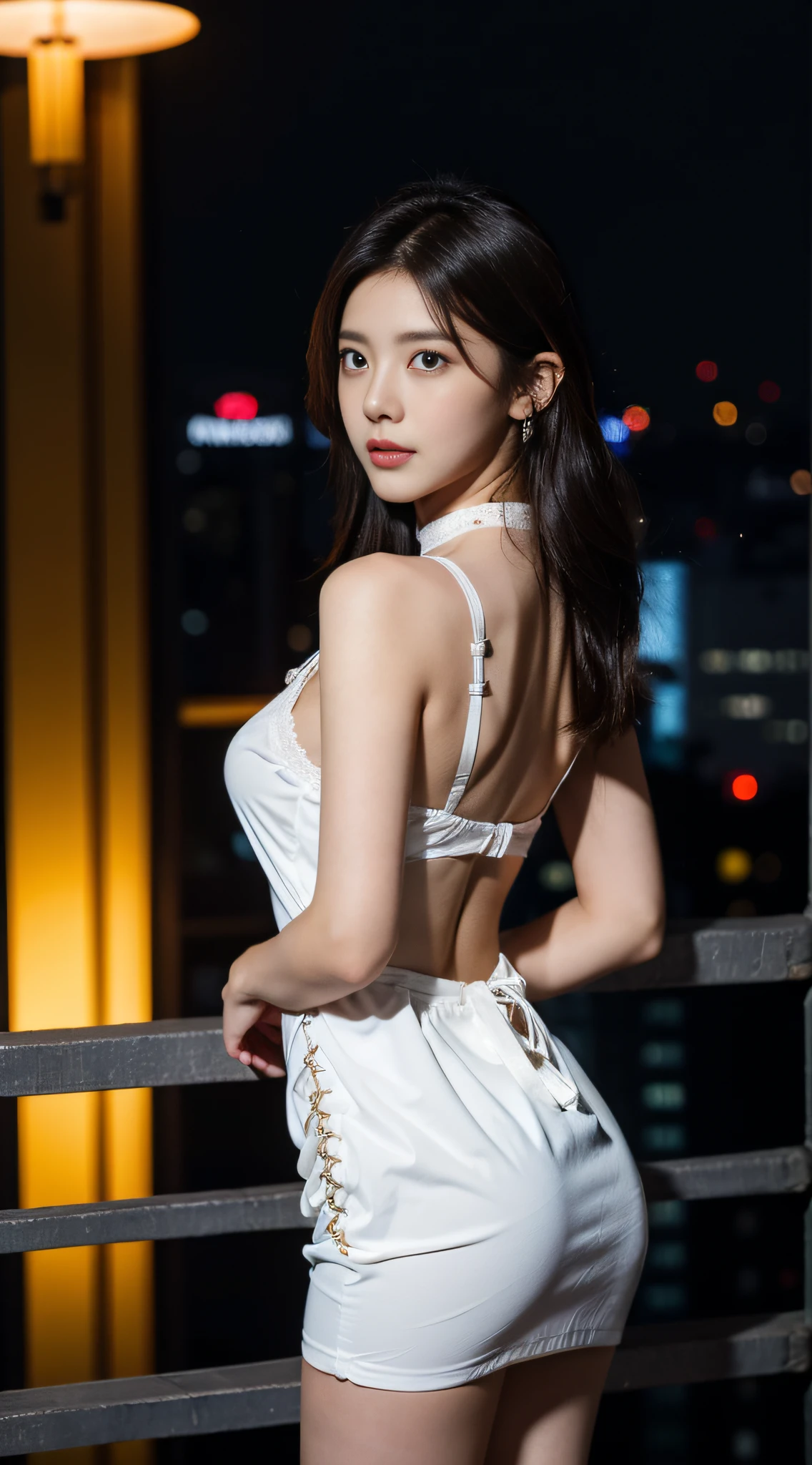 8K,tmasterpiece,RAW photos,best qualtiy,the detail:1.2),hentail realism,Very detailed CG unified 8k,8K,Diamonds and wallpapers,depth of fields,Motion picture film light,Lens flash,Light Tracking,(very pretty look face,beautifullips,beautidful eyes),intricate detail face,((Hyper detailed skin))1girll,Korean female model,Dark night in the dark,deepshadow,Pretty Korean girl,Kpop idol,(Very slim and slender muscular body:1.3),(View the audience),(Tight miniskirt),(Red dress),(Injection sleeve),(City Night,(neon lights sign),(the night),Beautiful Korean girl earrings,bangle,choker necklace,Lace-up pantyhose,Clear eyes,Walk,(paleskin),Face forward,(largeeyes),((upperbody shots)),tightly dress,Silk dress,Lace-up dress,see through dresses,Turning around,back shots,Very slim,slander,slander