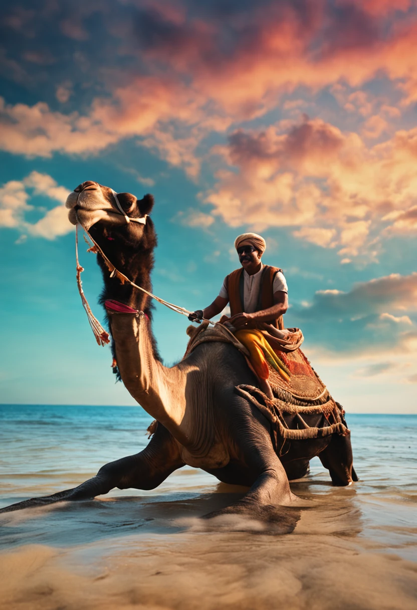 A black camel rides a flying fish