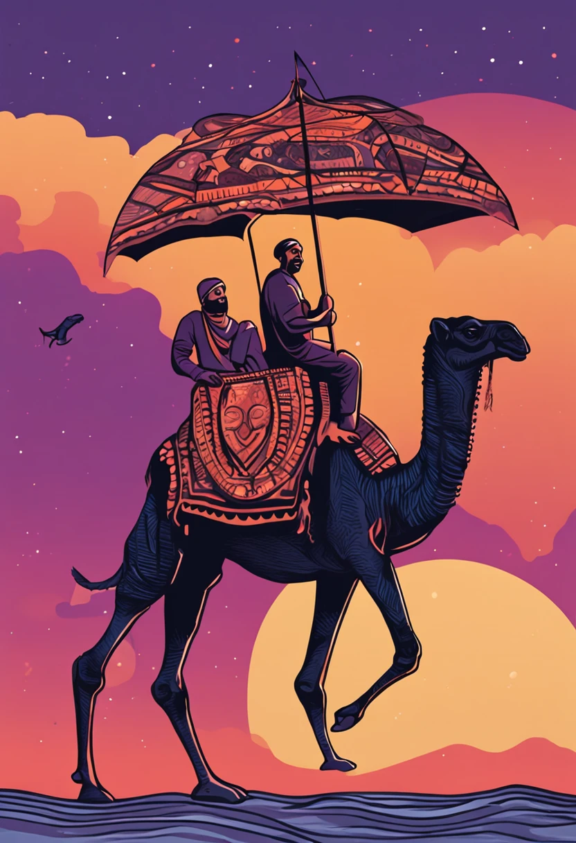 A black camel rides a flying fish