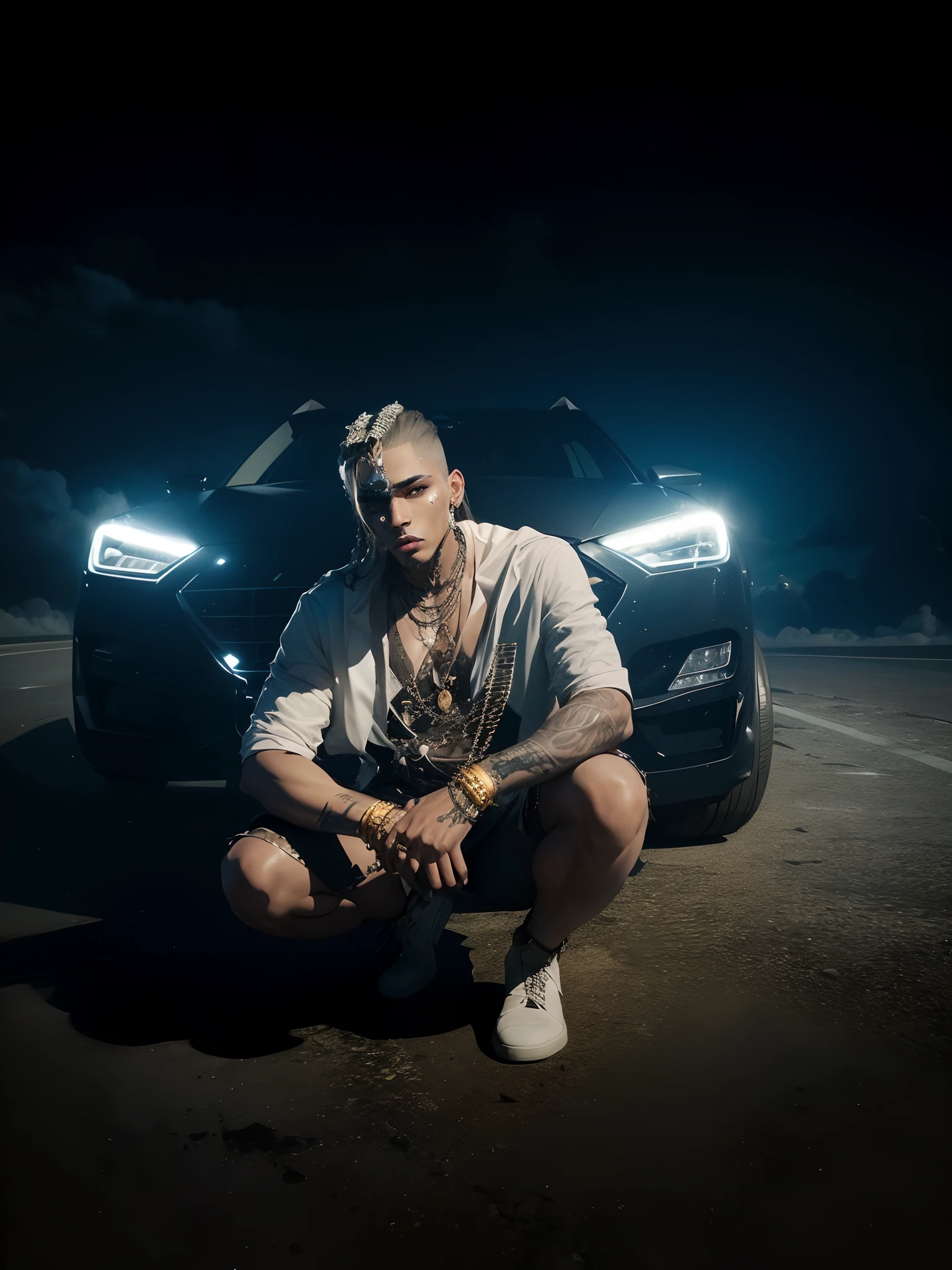 (Couture fashion wear: 1.1), long hair, more accessories and chains, full face, (black clouds background:1.3), face swag tattoos