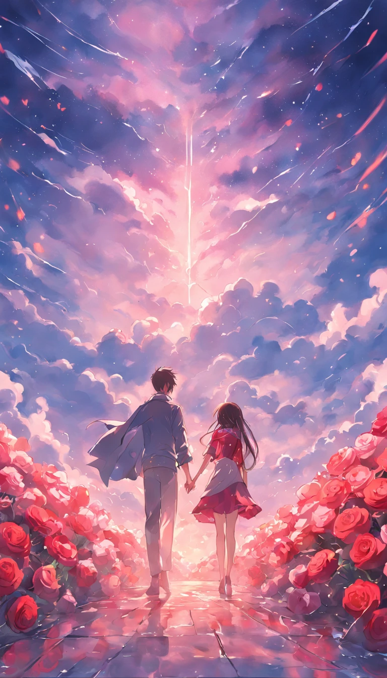 In a romantic atmosphere,couple cuddling,Stroll through the Sea of Roses,Under the blue sky and white clouds,Feel the romantic theme of Valentine's Day。
